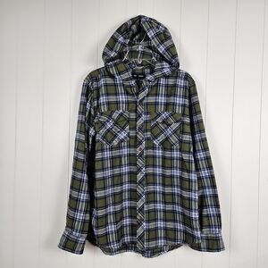 Chomp Flannel Shirt Green Plaid Hooded Button Front Outdoor Mens Medium